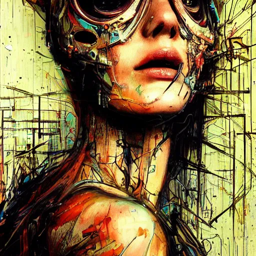 Prompt: sexy beautiful woman head made of mech mask rendered in unreal engine, cyberpunk, rave, scifi, painted by david burliuk | bernard buffet | carne griffiths | stanislaw lem