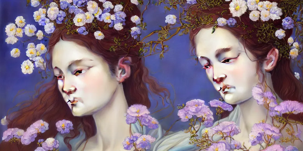 Image similar to breathtaking detailed concept art painting portrait of the goddess of nemophila flowers, orthodox saint, with anxious piercing eyes, ornate background, amalgamation of leaves and flowers, by hsiao - ron cheng, extremely moody lighting, 8 k