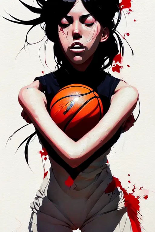 Image similar to a ultradetailed beautiful panting of a woman dribbling a basketball, by conrad roset, greg rutkowski and makoto shinkai, trending on artstation