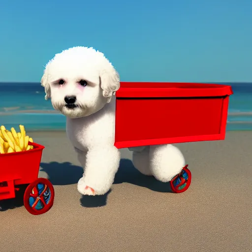 Image similar to a photorealistic photograph of a smiling white Bichon Frisé puppy pulling a little red wagon full to the brim with french fries during sunset at the beach Trending on Artstation, featured on Behance, well-rendered, Unreal Engine, 4K HD