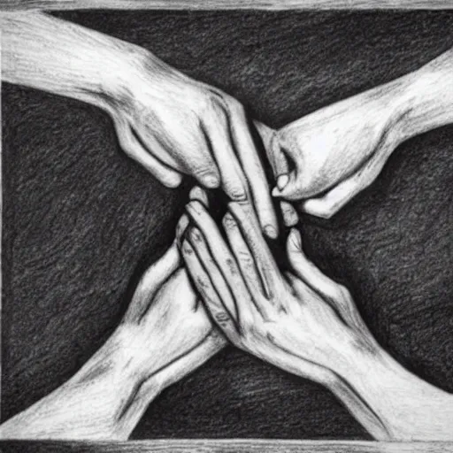 Image similar to M.C. Escher two hands drawing each other with a pencil