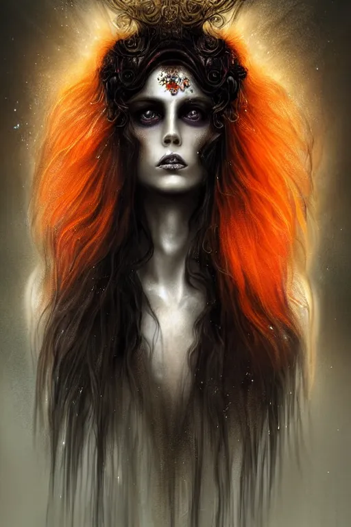 Image similar to bust of a prince of darkness , long hairs, gradient black red, dreamy and ethereal, orange eyes, golden ratio, vicious expression, ornate frilly suit,cloudy ghostly aspect, beautiful, dark fantasy, intricate, elegant, rainbow bubbles, highly detailed, digital painting, artstation, concept art, smooth,b sharp focus, illustration, black background art by artgerm and greg rutkowski and alphonse mucha