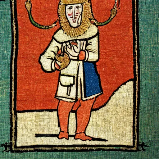 Prompt: Medieval tapestry art of a man eating a cheeseburger