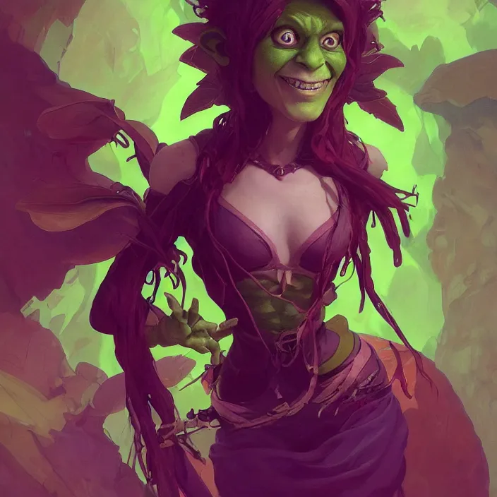 Prompt: beautiful illustrated portrait of a mischevious female green-skinned goblin alchemist, painted, 4k artwork, trending on artstation, octane render, art by artgerm and greg rutkowski and alphonse mucha and craig mullins and James Jean and Andrei Riabovitchev and Marc Simonetti and peter mohrbacher