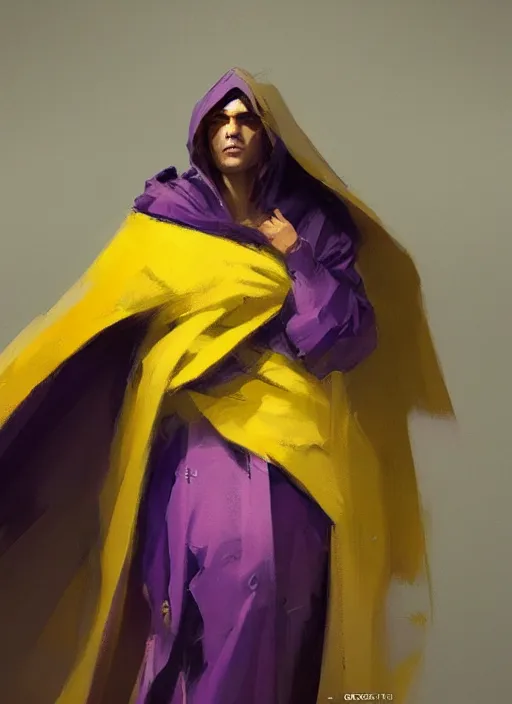 Image similar to concept art of a character wearing a yellow and purple robe by greg rutkowski and artgem, detailed, digital art, trending on artstation, hyper - realistic