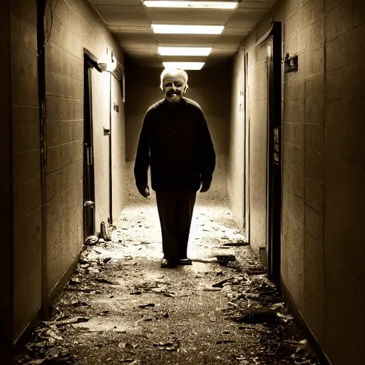 Image similar to an smiling old man in an abandoned hallway at night