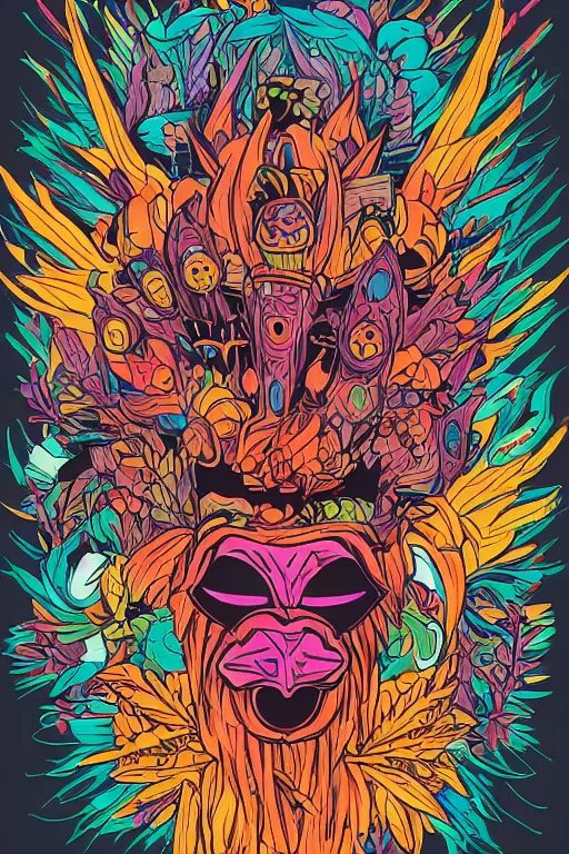 Image similar to animal mask totem roots flower tribal feather gemstone plant wood rock shaman vodoo video game vector cutout illustration vivid multicolor borderlands comics by josan gonzales and dan mumford radiating a glowing aura