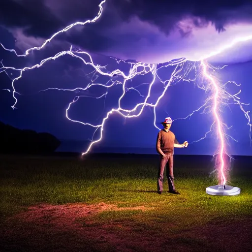 Image similar to man + tesla coil lightning, photo, detailed, 4 k