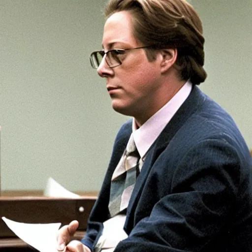 Image similar to James Spader as Alan Shore standing in a courtroom.