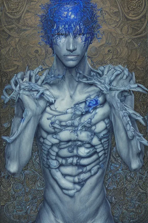 Image similar to portrait of beautiful young man, warhammer, japanic style, cyberpunk, a lot of scars, more and more flowers, blue head, the middle ages, highly detailed, artstation, illustration, art by jean delville, 8 k quality