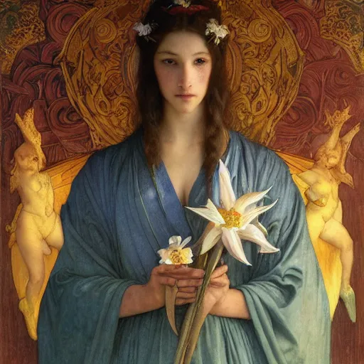 Image similar to princess of the dawn, by annie swynnerton and charlie bowater and diego rivera and william - adolphe bouguereau, nicholas roerich and jean delville and evelyn de morgan, dramatic lighting, brocade robes, elaborate floral ornament, rich colors, smooth sharp focus, extremely detailed, donato giancola, adolf wolfli