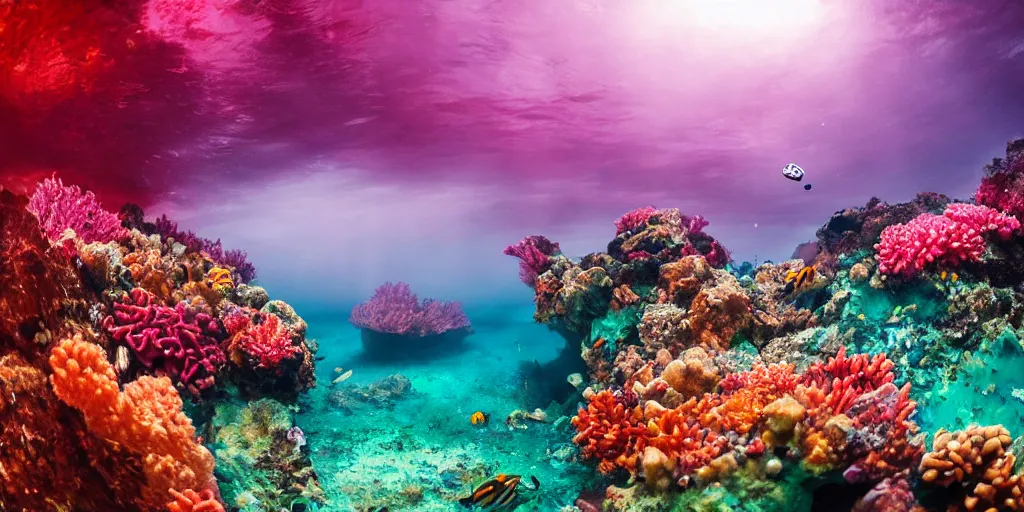 Image similar to a great photograph of the most amazing golf hole in the world, perfect light, under water, colorful coral reef, ambient light, 5 0 mm, golf digest, top 1 0 0, fog