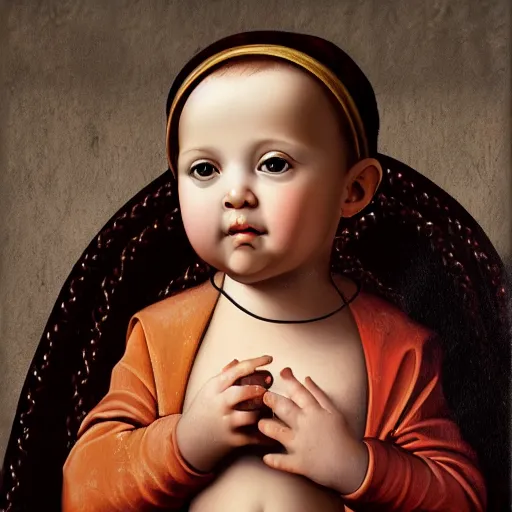 Image similar to Renaissance portrait of a holy catholic baby, trending on art station, 4k UHD, 8k, painting illustration, realistic lighting, high detail