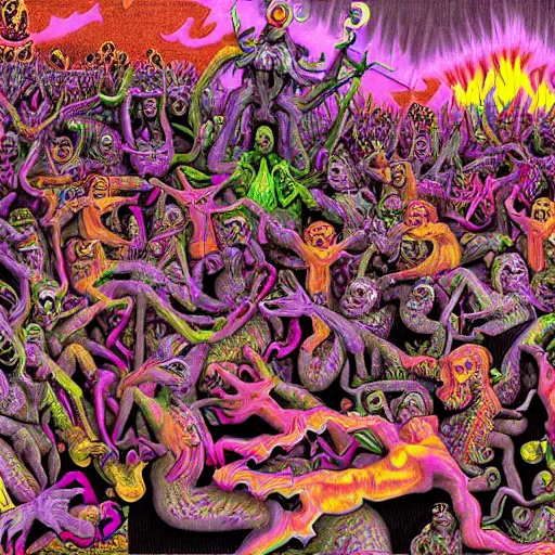 Image similar to digital painting of demons in rave party in hell by Chor Boogie, intricate details, ultra detailed, 4K, award-winning, touch of M. C. Escher