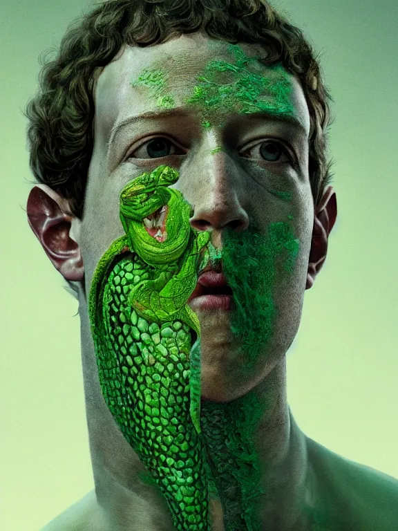 Prompt: portrait of a mark zuckerberg, skin peeling away to reveal green! scales!, forked snake tongue sticking out, art by ryo shiotani and greg rutkowski, intricate, beautiful, cinematic lighting, vintage art by serge ivanoff, high resolution, very detailed