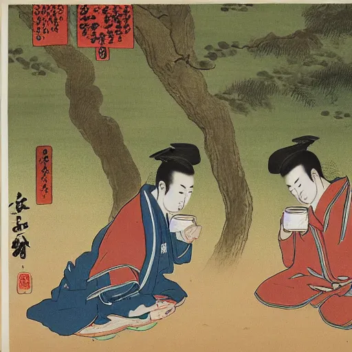 Prompt: two playboys drinking sake in a parc, Jigoku zoshi