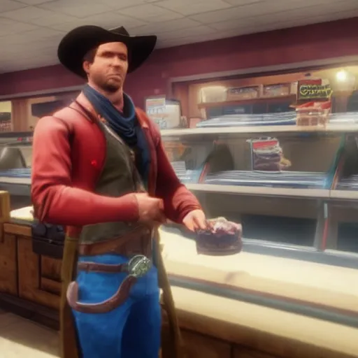 Image similar to arthur morgan as a cashier at mcdonalds