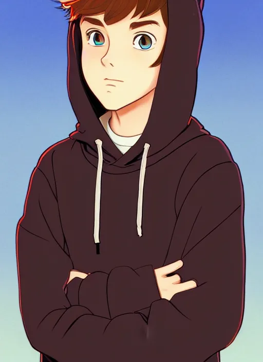 Image similar to teen boy with brown hair and big blue eyes, wearing a black hoodie with cat ears on top of it, natural lighting, path traced, highly detailed, high quality, cartoon, digital painting, by don bluth and ross tran and studio ghibli and alphonse mucha