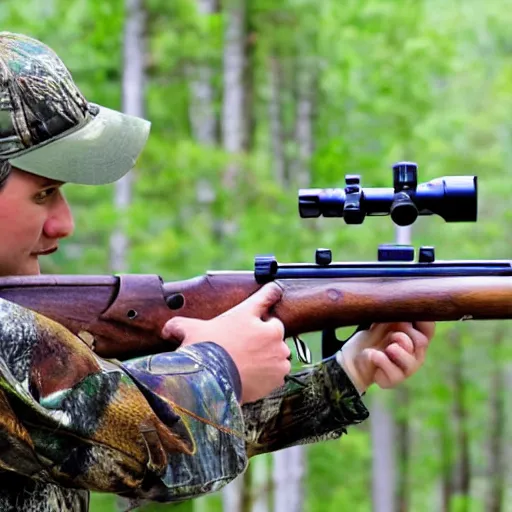 Image similar to Photograph of a deer pointing a rifle at a hunter