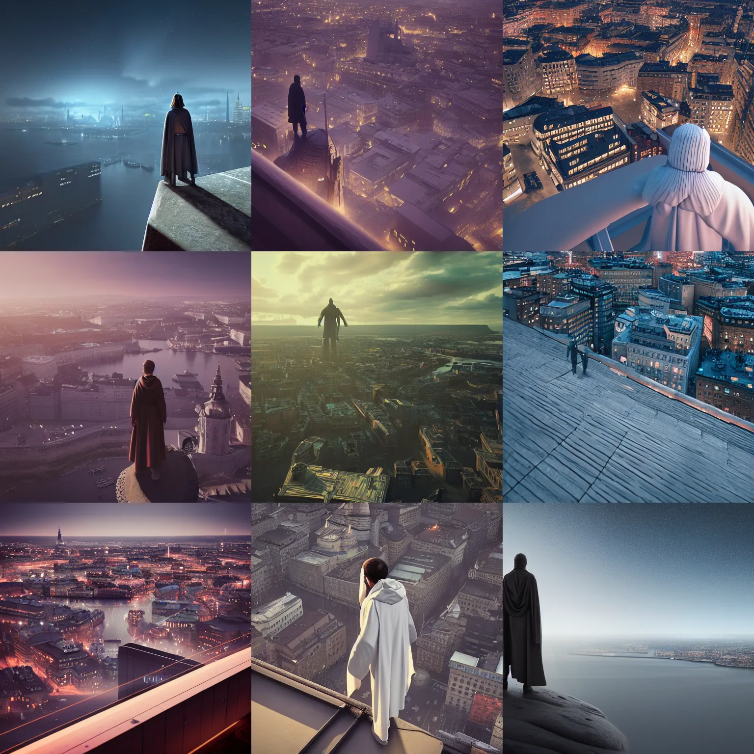 Prompt: lone jedi looking down on Stockholm, night, trending on artstation, hd, wlop, octane render, HDRI, atmospheric