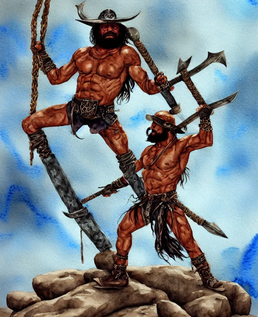 Image similar to randy savage with an anchor weapon slung over his shoulder and foot heroically on a boulder posing in desolate wasteland | fantasy watercolour painting | middle earth | conan | darksun | d & d dungeons and dragons | barbarian