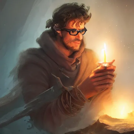 Prompt: concept art of a swashbuckler holding a candle holder discovering a sunken city, glasses, wearing a cape highly detailed, digital art, illustration, artstation, very detailed, 4 k