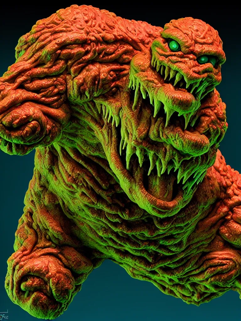 Image similar to hyperrealistic rendering, fat smooth wet cronenberg flesh monster smooth kaiju by art of skinner and richard corben and jeff easley, product photography, action figure, sofubi, studio lighting, colored gels, skulls and ribcages