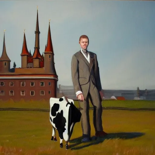 Image similar to painting by larsson, cow, dressed, anthropomorphic!!, wearing!!! clothes!!!, standing next to royal castle!!!