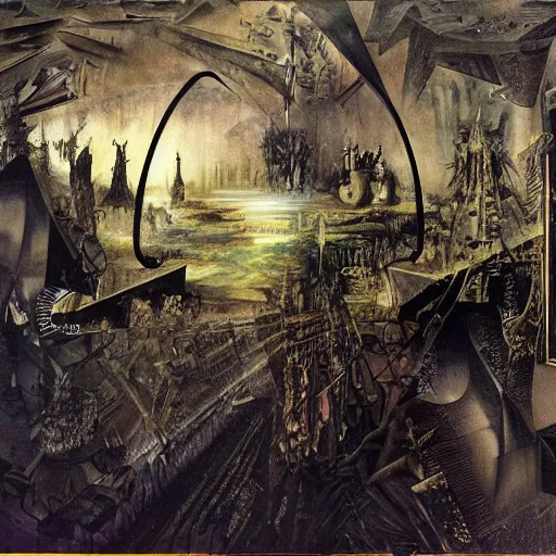 Prompt: the gate between reality and simulation, matte painting by ivan shishkin and roberto matta and dave mckean