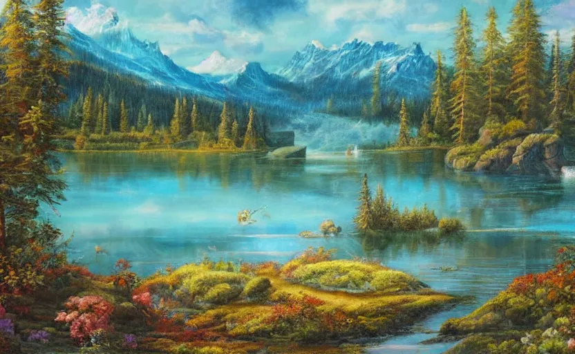 Prompt: beautiful award winning mythical painting of a canadian lake, 4 k, ultra hd