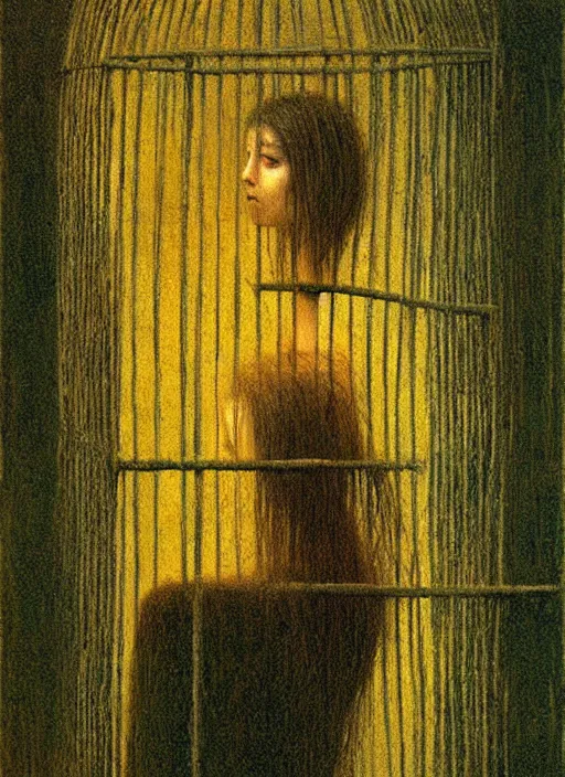 Image similar to girl with long hairs inside cage by Beksinski