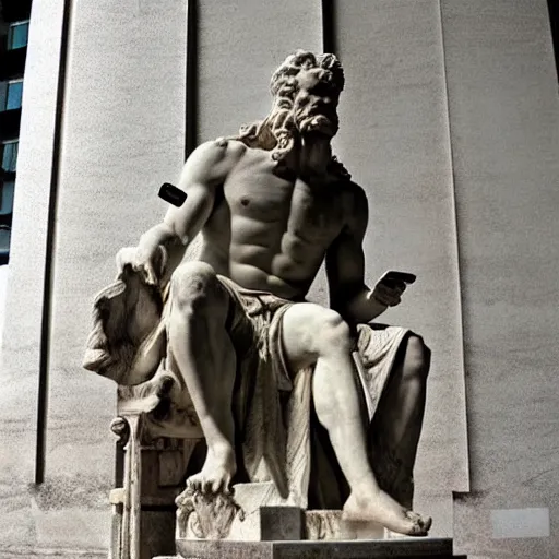Image similar to Ancient Greek statue of Zeus looking angrily at his iPhone