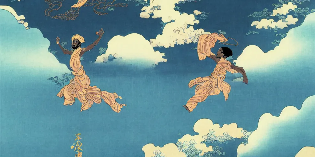 Prompt: african kingdom ascending from clouds, olympus platform, standing on a cloud, symmetrical!!, anime, prism highlights, depth of field, cinematic, filmic, vsco, concept art, art station, digital painting, elegant, epic, focus, art by katsushika hokusai, art by satoshi kon