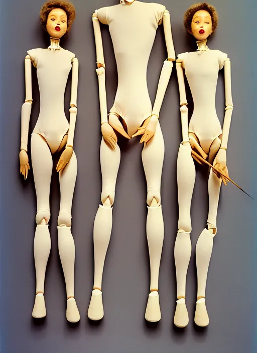 Prompt: realistic photo of a family of human full - height model wooden realistic dolls, wearing white tights, covered with long brass spikes needles, golden aura glow, center straight composition, seamless, front view 2 0 0 0, life magazine photo, museum archival photo