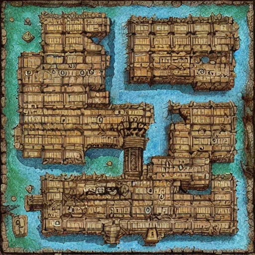 Image similar to map of a dungeon in waterdeep, isometric, detailed, game, dungeons and dragons, tiled, birds eye view