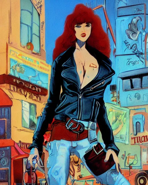 Image similar to young female protagonist in leather jacket, city street, artwork by ralph bakshi