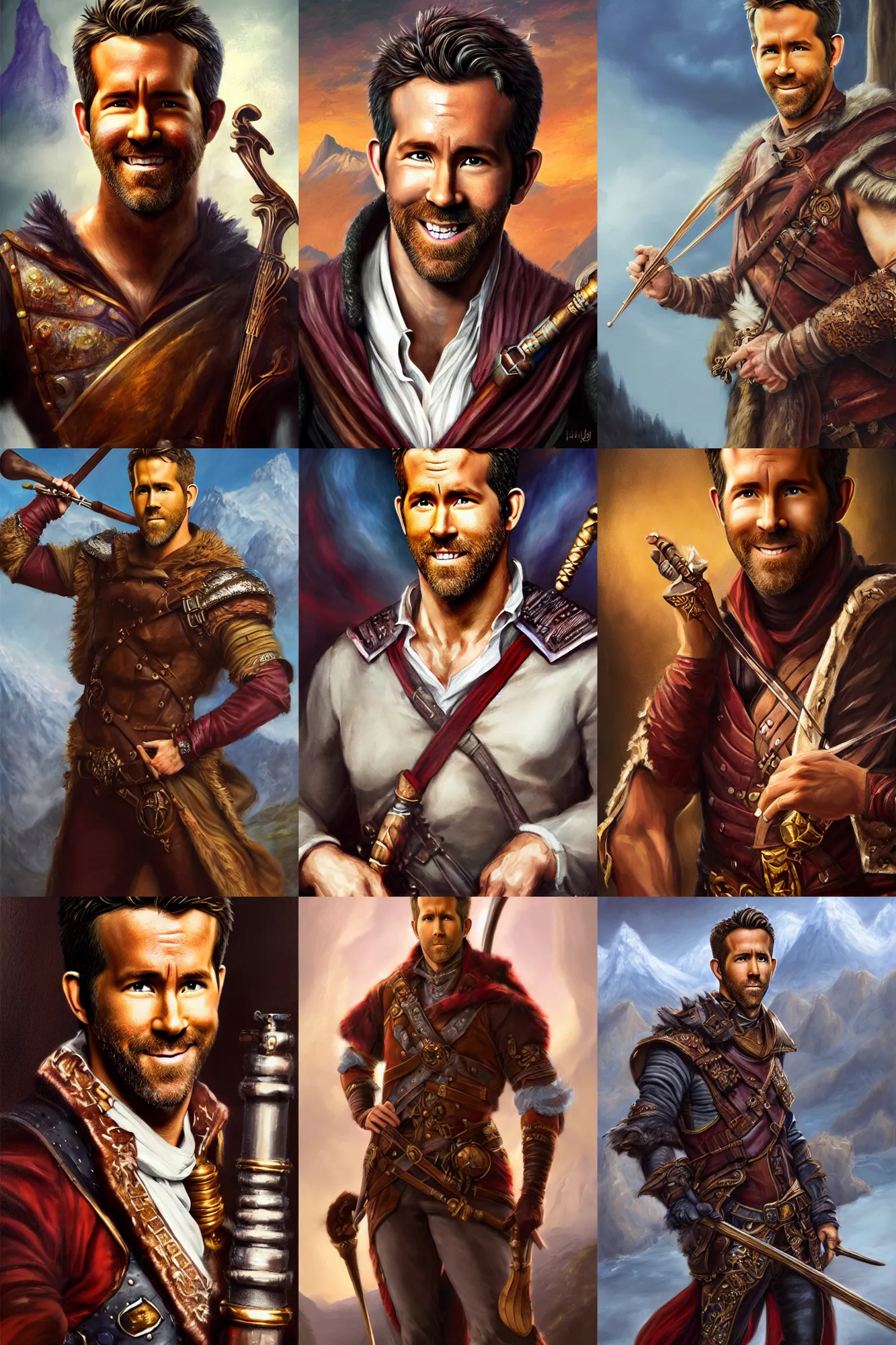Prompt: a full body high detail fantasy portrait oil painting illustration of ryan reynolds as dashing male bard by justin sweet with face and body clearly visible, in a scenic background, striking eyes, realistic proportions, d & d, rpg, forgotten realms, artstation trending, high quality, sombre mood, artstation trending, muted colours, entire person visible!