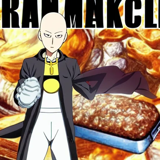 Prompt: one punch man as baker baking french baguette, manga book anime style, anime key visual, pixiv