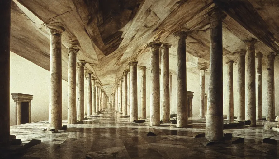 Image similar to 1 9 7 0 s andrei tarkovsky movie still of a pyramid building with columns, by piranesi, panoramic, ultra wide lens, cinematic light, anamorphic, marble