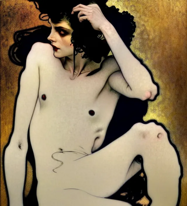 Image similar to stunning portrait of highly details androgynous e as desire from sandman, rockabilly style, white suit and black tie,, by egon shiele and alphonse mucha, with influence of jeremy mann, peter lindbergh, dave mckean, maurice sapiro, and frank moth, soft lightning, highly detailed, 8 k