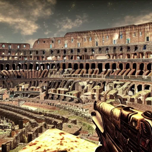 Image similar to Rebuild postapocalyptic Colosseum in Rome, screenshot from Fallout: New Vegas (2010)