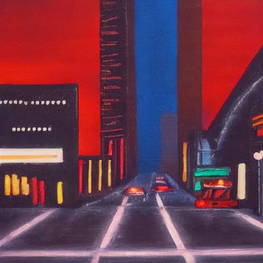 Prompt: city streetscape, dark road with cars, people at night, tall buildings with shops below at street level, neon lights above shops, headlights and stop lights illuminating surroudings, raining, very dark lighting, abstract oil painting, 1 9 8 2 aesthetic