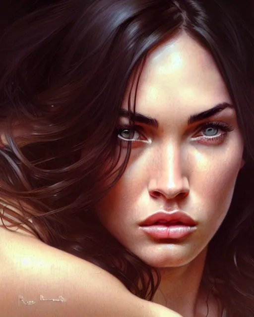 Prompt: portrait of megan fox crying, tears, weeping, intricate, headshot, highly detailed, digital painting, artstation, concept art, sharp focus, cinematic lighting, illustration, art by artgerm and greg rutkowski, alphonse mucha, cgsociety