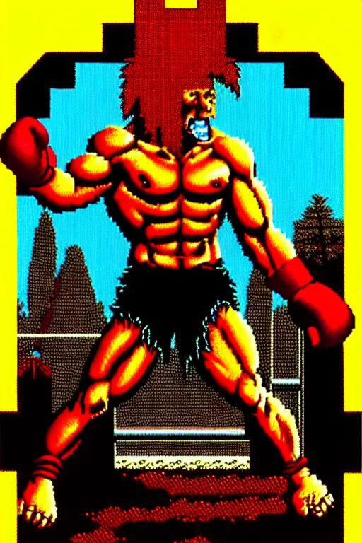 Image similar to extreme long shot. ultra jpeg compression. 8 bit nes graphics. 8 0's. vhs artefacts. antropomorphic muscular masculine wolf. kickboxer fighter, in shorts. wolf head. angry. fine details, very sharp, art from nes game cartridge, vaporwave style, marc simonetti and hermann nitsch and anish kapoor.