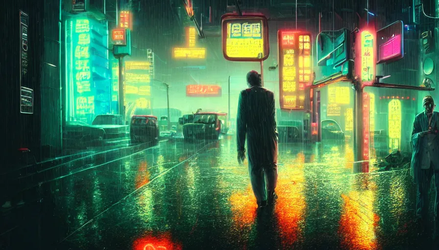 Prompt: highly detailed doctor with a prosthesis carries a body through an empty neon city, cyberpunk, rain, night, cyberpunk futuristic neon hyperrealism, detailed and intricate environment