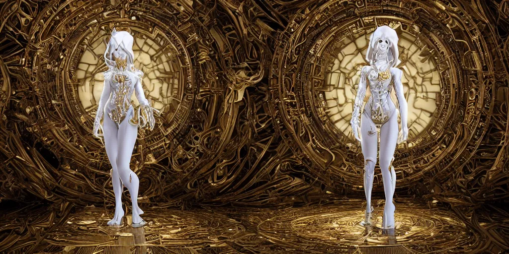 Image similar to a photo of 8k ultra realistic corrupted lovecraftian white golden humanoid queen standing next to a spaceship window overlooking earth, 8 intricate white and gold tentacles, ornate white and gold armour, white floor, cinematic lighting, trending on artstation, 4k, hyperrealistic, focused, extreme details, unreal engine 5, cinematic, masterpiece