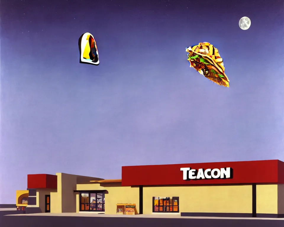 Image similar to !dream an achingly beautiful print of a Taco Bell restaurant on a lunar base by Raphael, Hopper, and Rene Magritte. detailed, romantic, enchanting, trending on artstation.