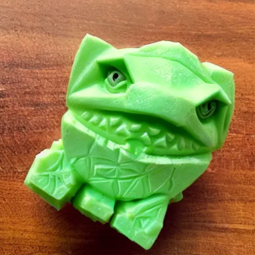 Image similar to bulbasaur carved out of lime green bar of soap