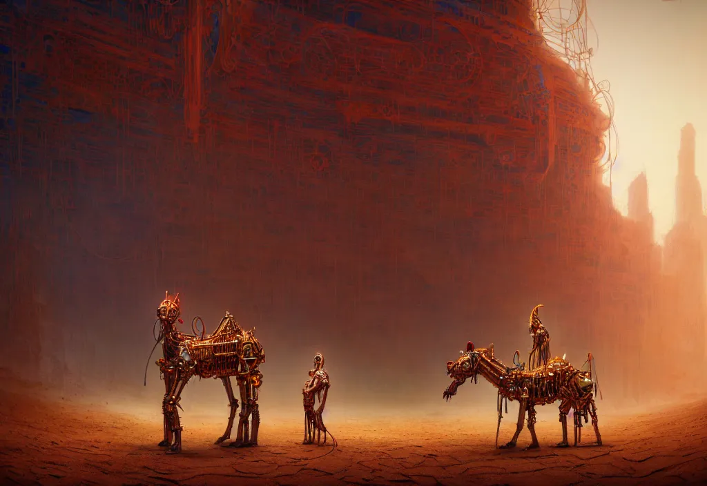 Image similar to A closeup human in arabian vestments performs a vivid magical ritual to resurrect a mechanical horse inside a ancient steel ruins are covered with barchans of sand. Art by Finnian MacManus, Simon Stalenhag. Masterpiece, fantasy art, cinematic, hyperdetailed, photorealistic, steampunk, hyperrealism, octane render, 8k