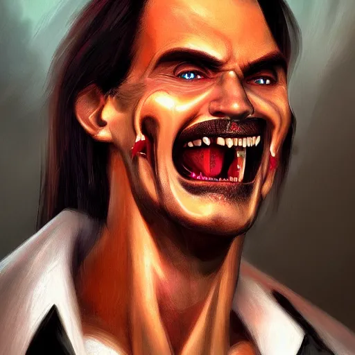 Image similar to portrait of jair bolsonaro dracula showing his fangs, intricate, elegant, highly detailed, centered, grungy, digital painting, artstation, concept art, smooth, sharp focus, boris vallejo